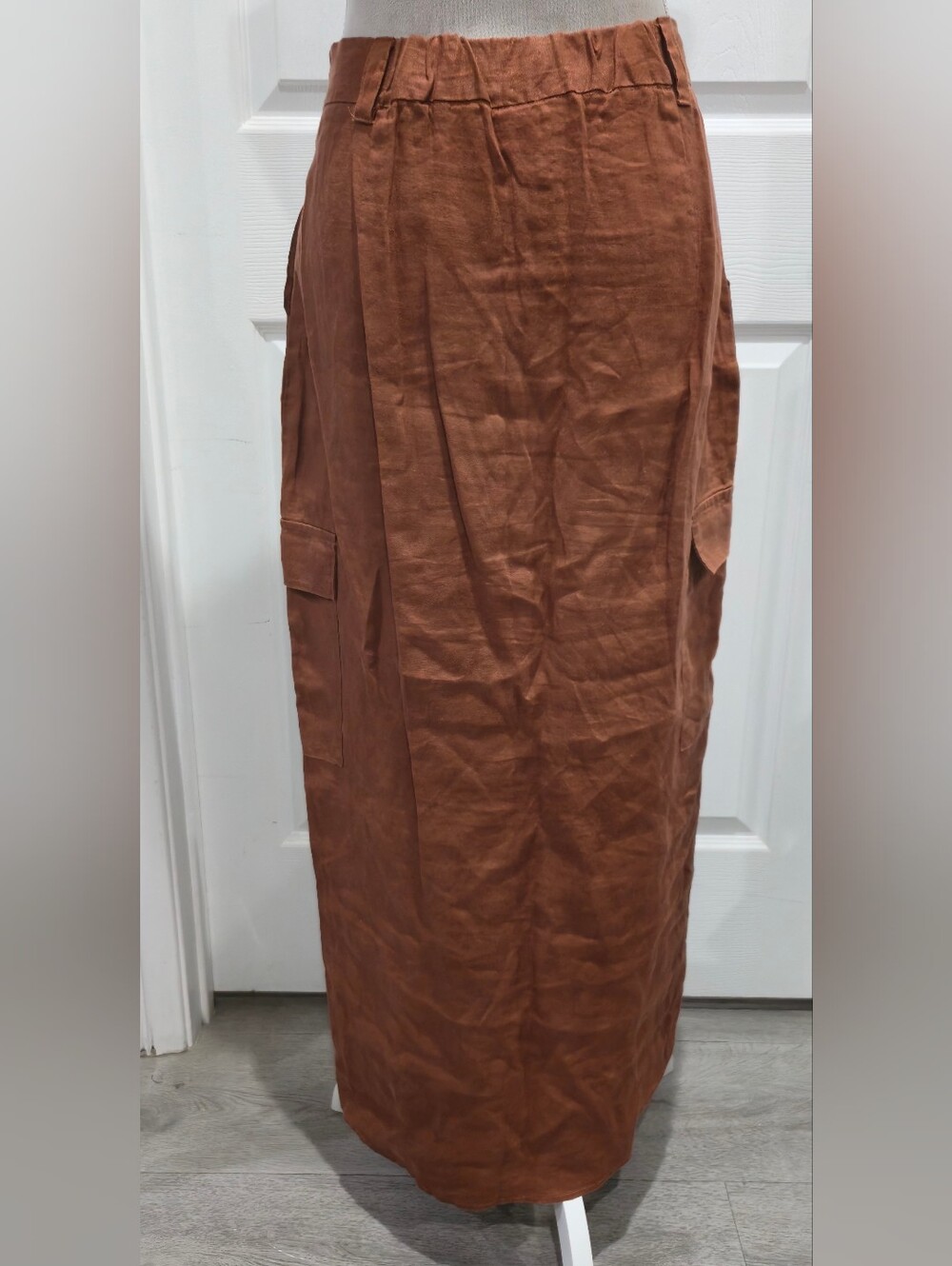 Magaschoni 100% Linen Cargo Midi Skirt Size 6 Rust Brown Utility Maxi Skirt - Picture 3 of 13